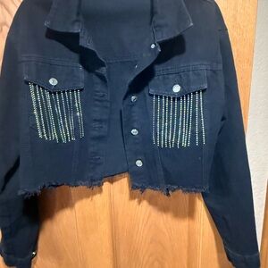 Black Cropped Jacket with Rhinestone Detailing